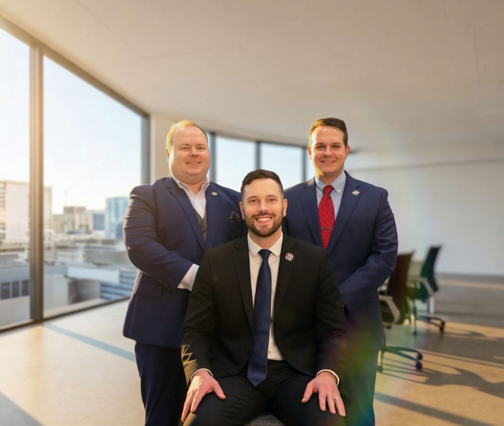 Three men in suits inside an office setting, posing for a team photo.
