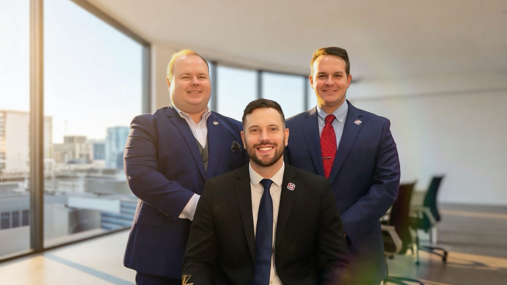 Three men in suits inside an office setting, posing for a team photo.