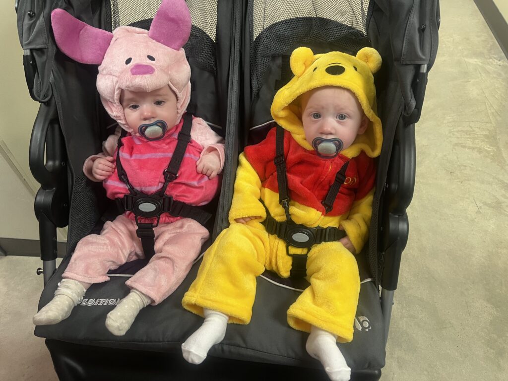 Two babies dressed as Piglet and Winnie the Pooh sitting in a stroller